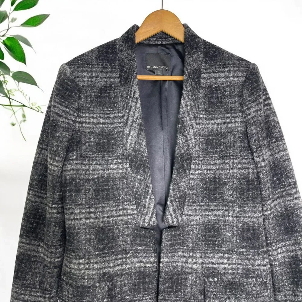 Banana Republic Brushed Charcoal Plaid Wool Blend Open Front Blazer